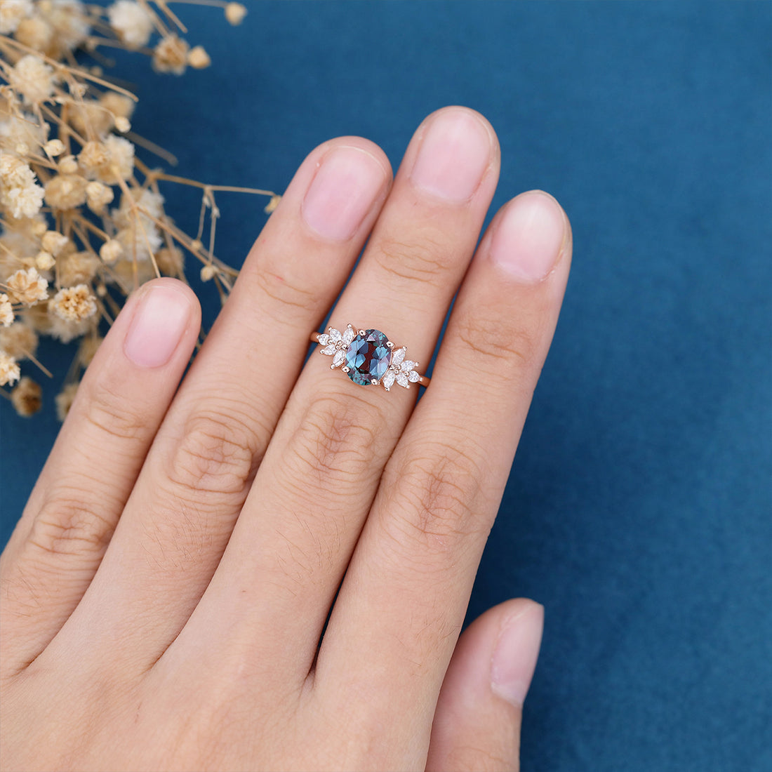 Oval cut Alexandrite Cluster Engagement ring