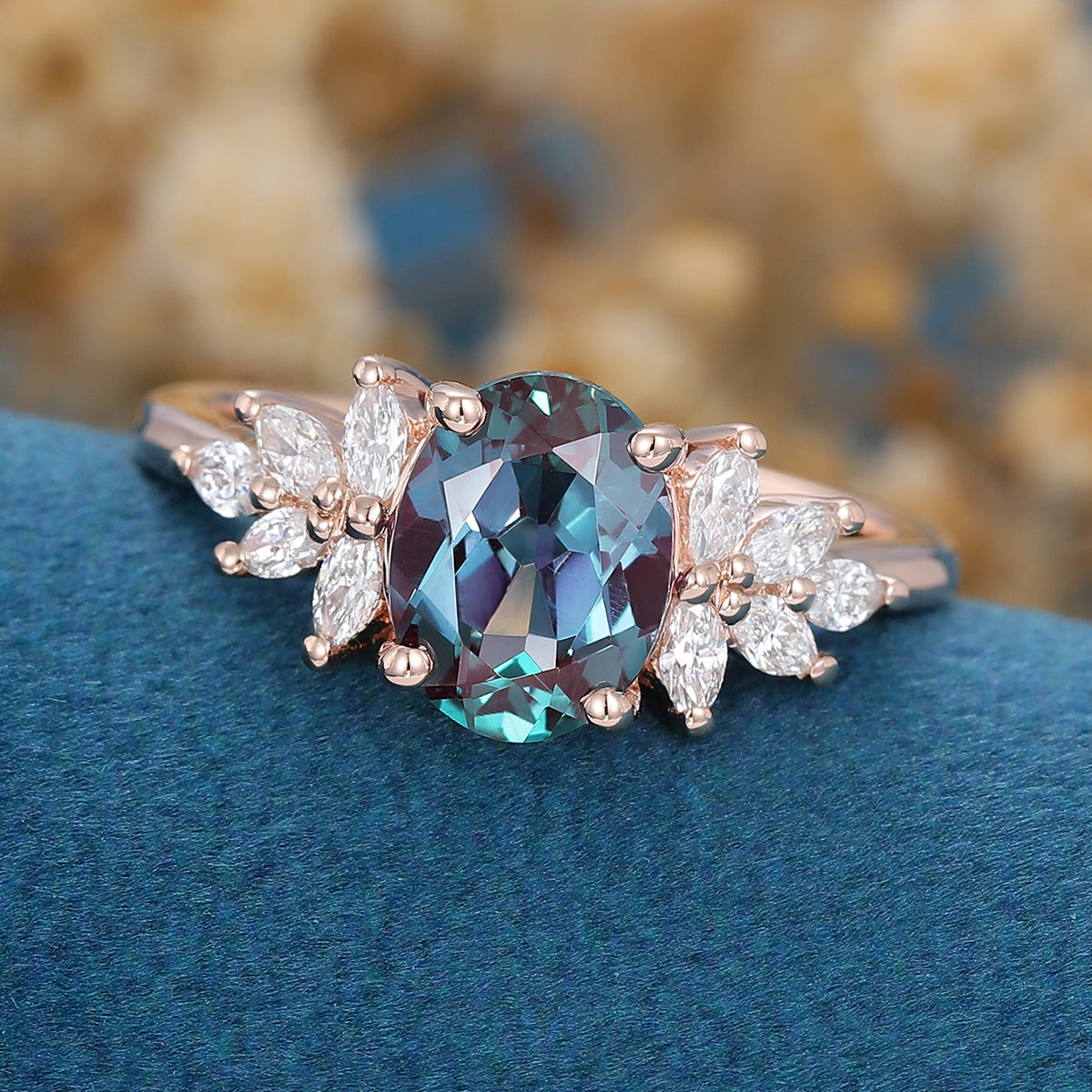 Oval cut Aalexandrite Cluster Engagement ring