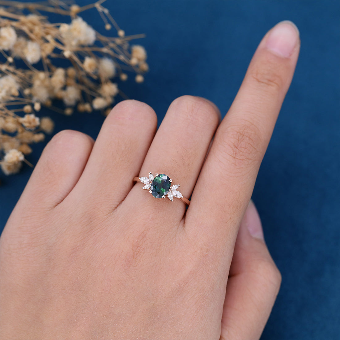 Oval cut Blue-Green Sapphire Cluster Engagement ring