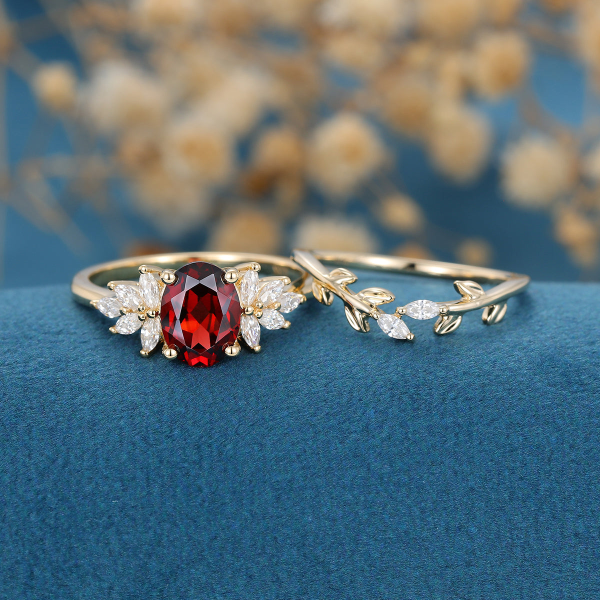 Oval cut garnet Cluster Engagement ring Bridal Set