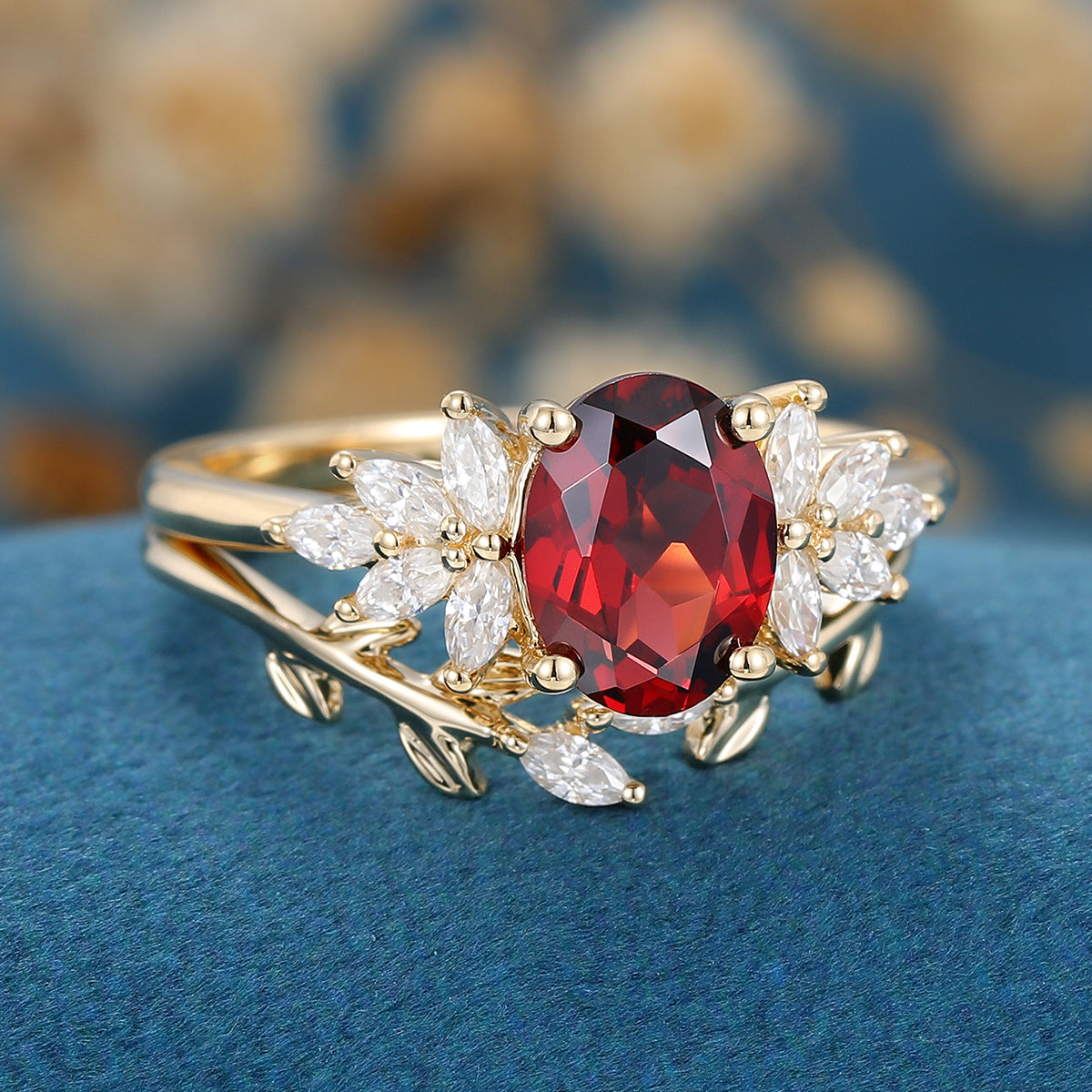 Oval cut garnet Cluster Engagement ring Bridal Set