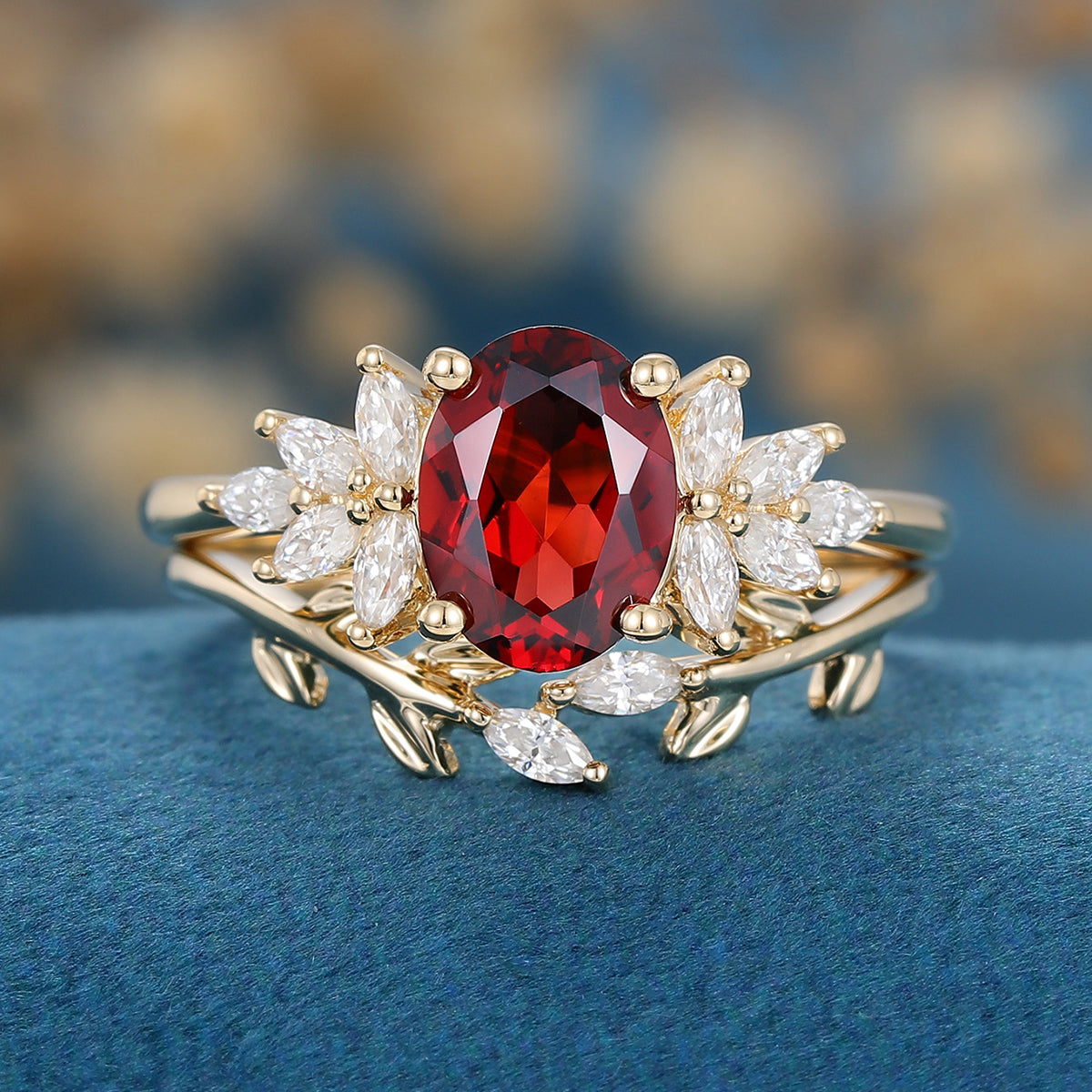 Oval cut garnet Cluster Engagement ring Bridal Set