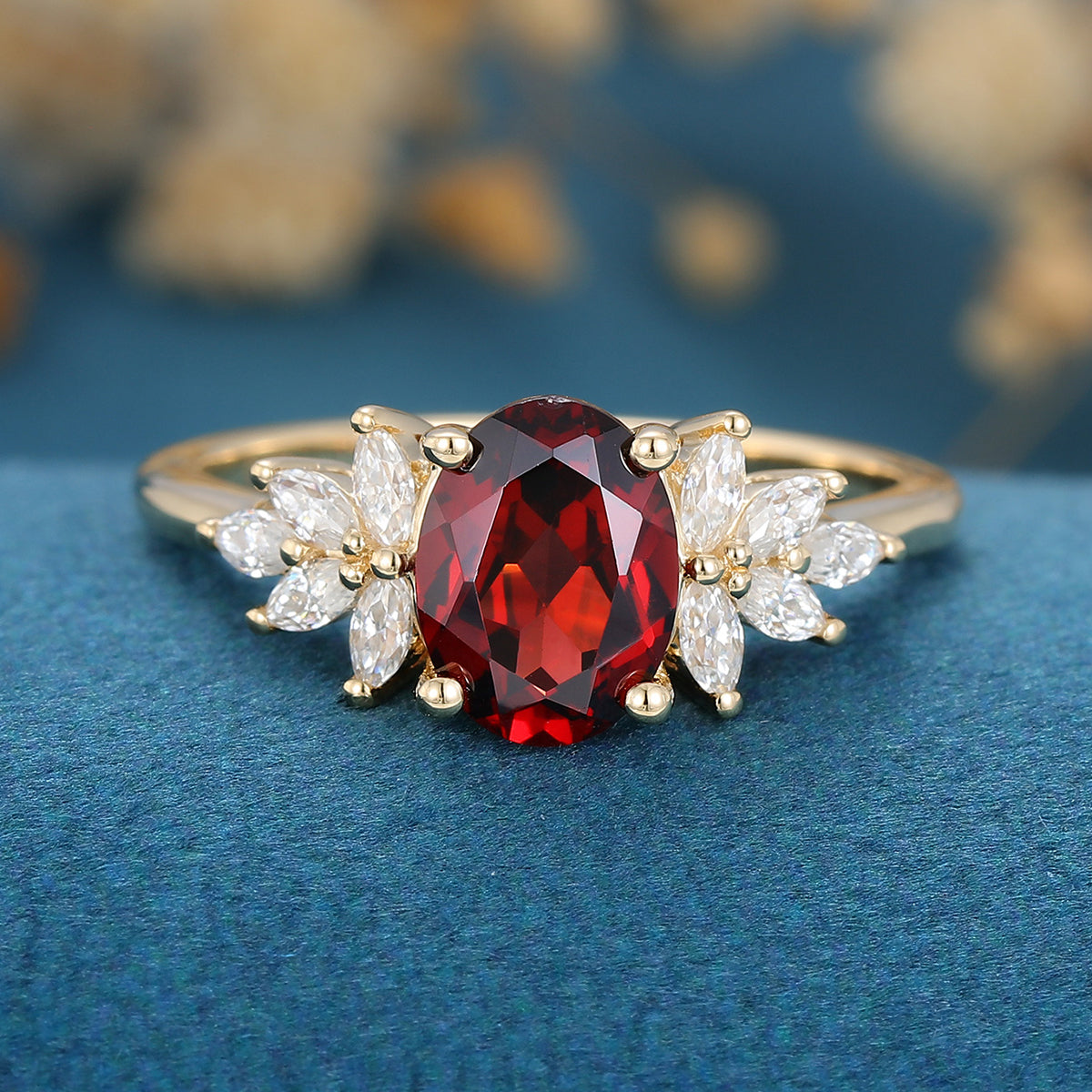 Oval cut garnet Cluster Engagement ring