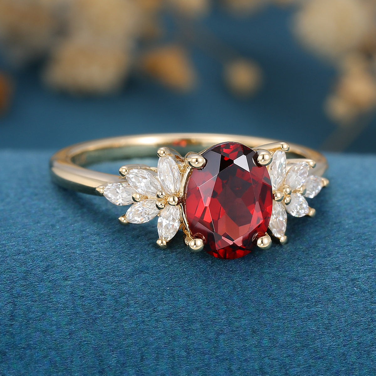 Oval cut garnet Cluster Engagement ring