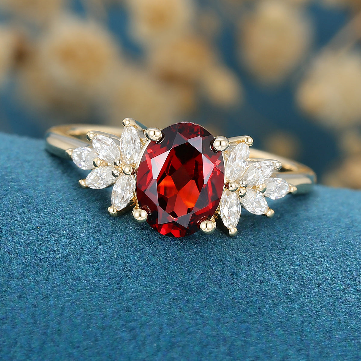 Oval cut garnet Cluster Engagement ring