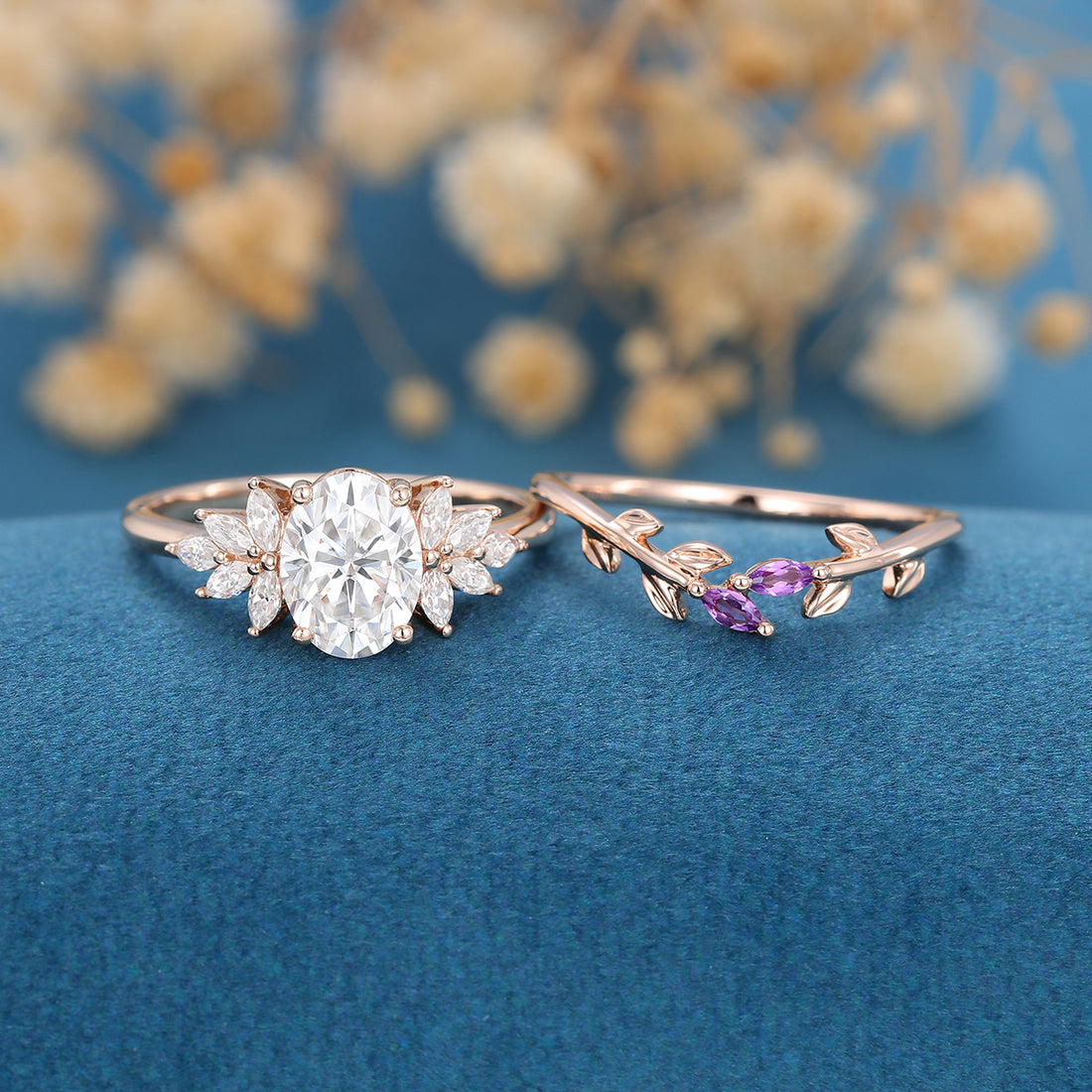 Oval cut Moissanite Cluster Engagement ring Bridal Set