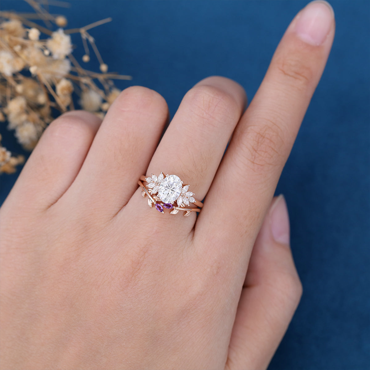 Oval cut Moissanite Cluster Engagement ring Bridal Set