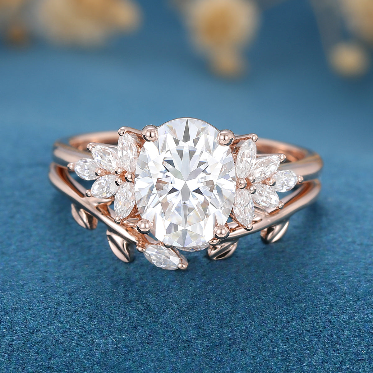 1.5 Carat Vintage Oval cut Moissanite Cluster Engagement ring Bridal Set