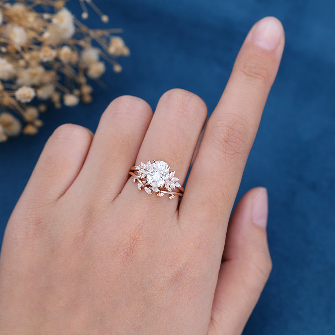 1.5 Carat Vintage Oval cut Moissanite Cluster Engagement ring Bridal Set