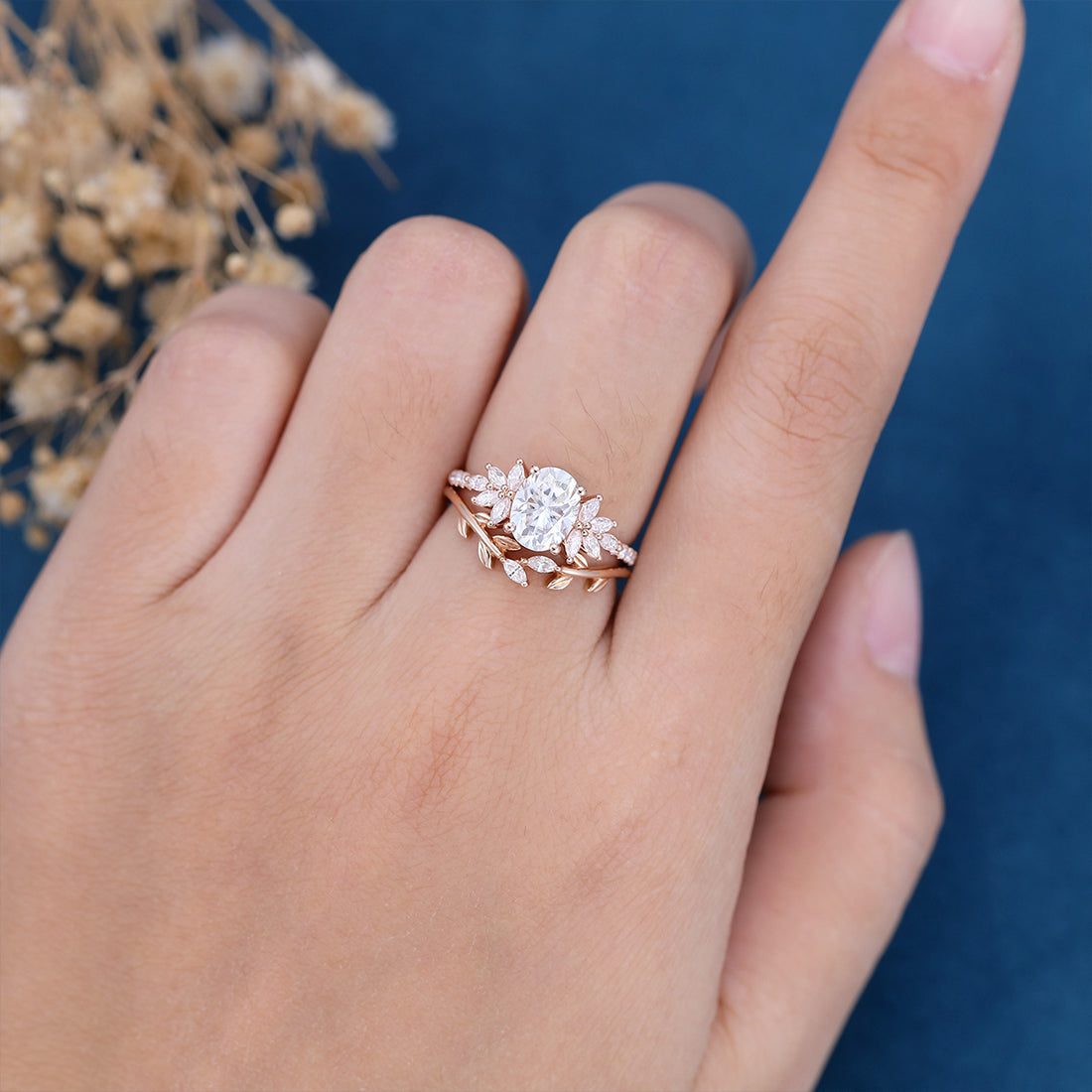 Oval cut Moissanite Cluster Engagement ring Bridal Set