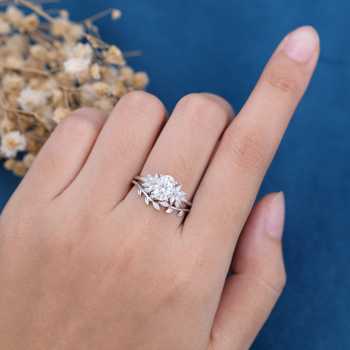 Oval cut Moissanite Engagement ring Bridal Set