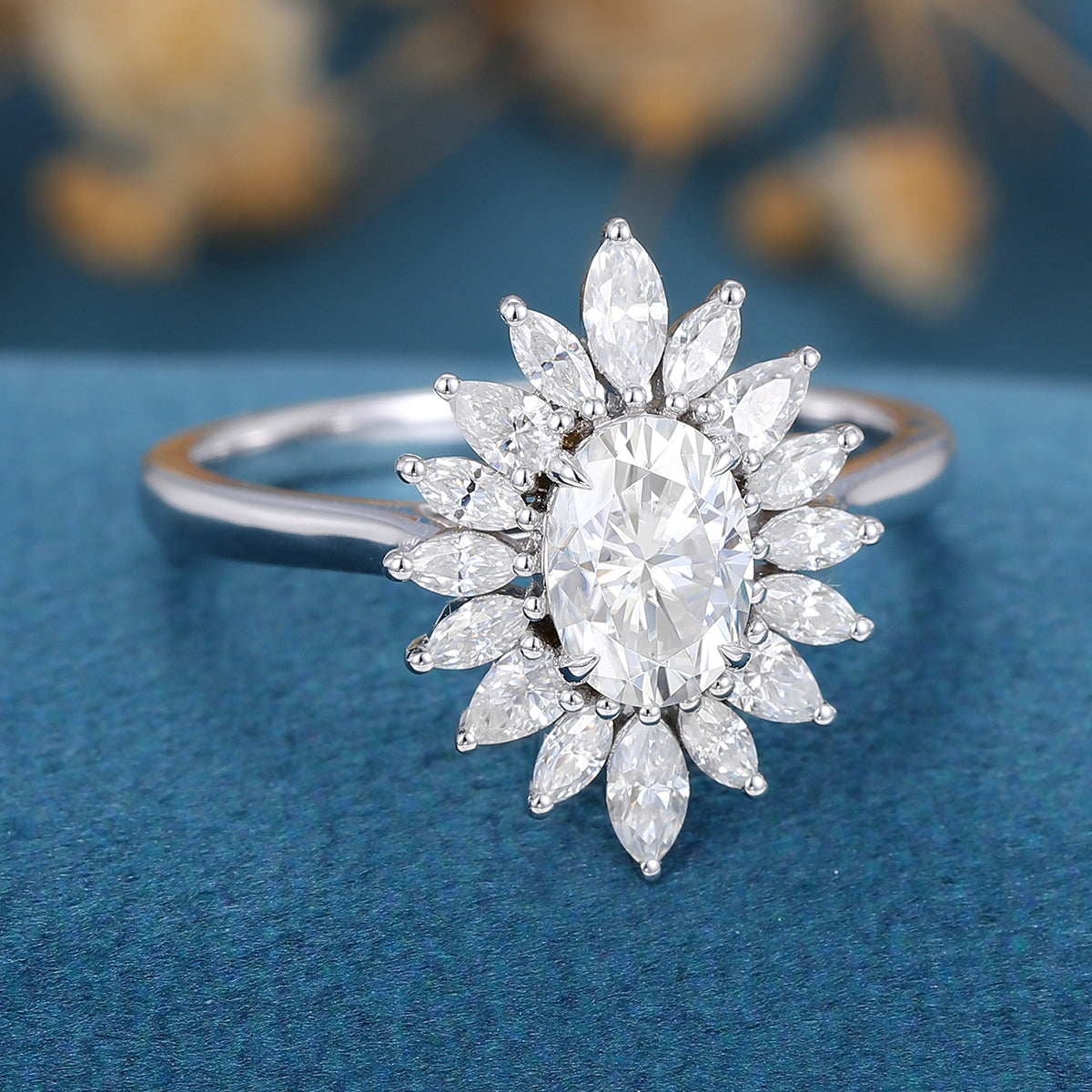 1 Carat Oval cut Moissanite Halo Cluster Engagement Ring