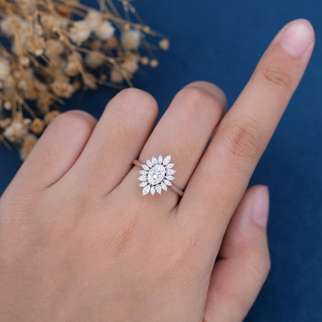 1 Carat Oval cut Moissanite Halo Cluster Engagement Ring