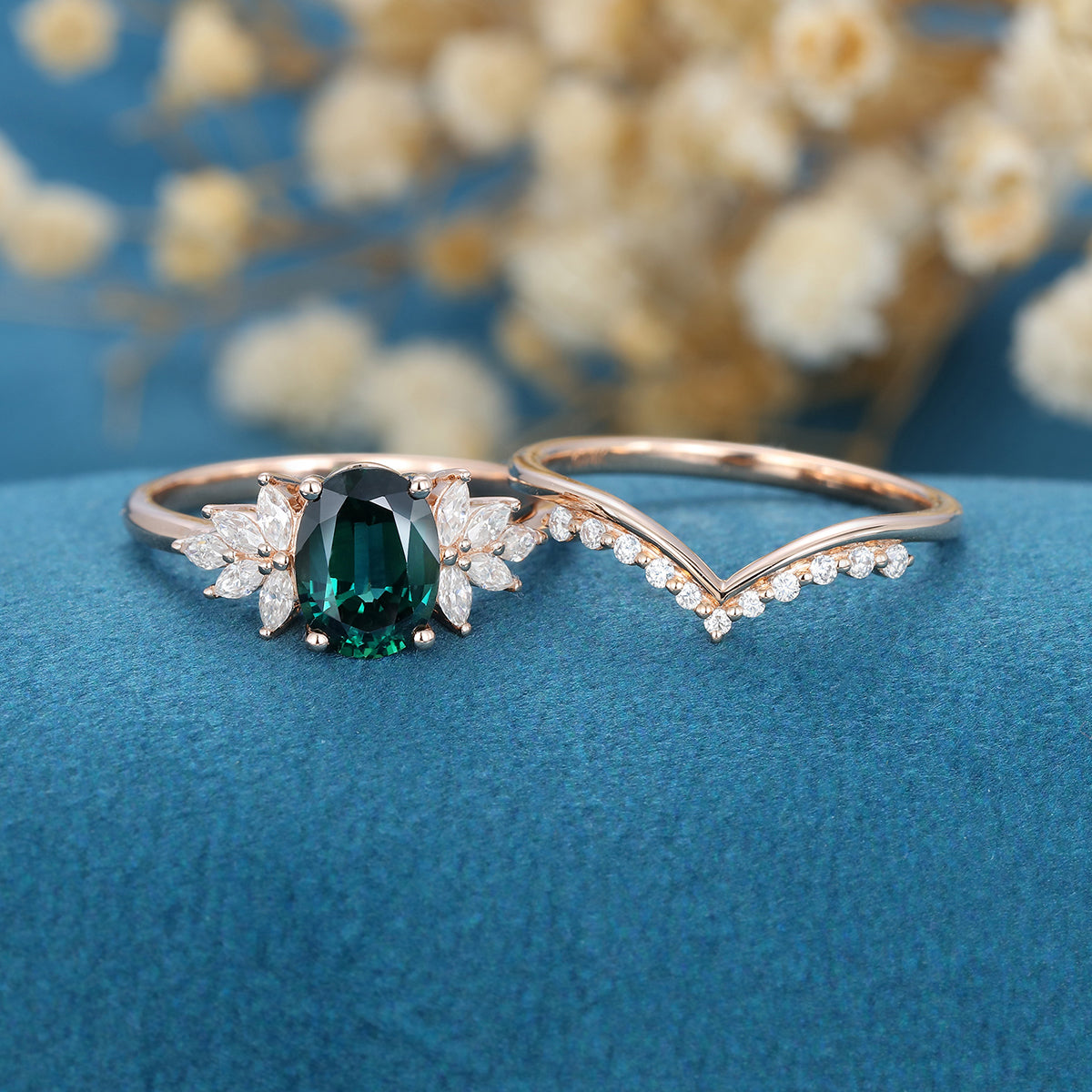 Oval Blue-Green Sapphire Cluster Engagement ring Bridal Set