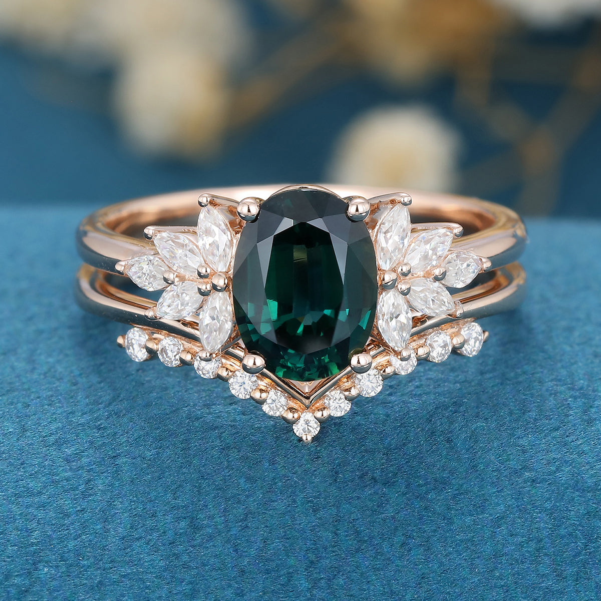 Oval Blue-Green Sapphire Cluster Engagement ring Bridal Set