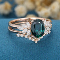 Oval Blue-Green Sapphire Cluster Engagement ring Bridal Set