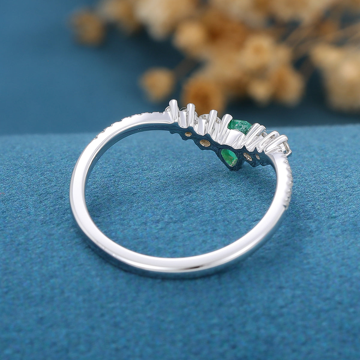 Pear shaped Emerald | half eternity moissanite Curved Wedding Band Ring