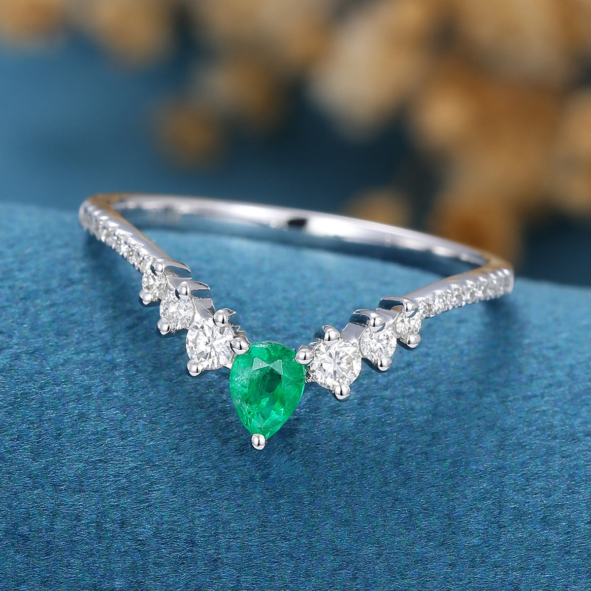 Pear shaped Emerald | half eternity moissanite Curved Wedding Band Ring