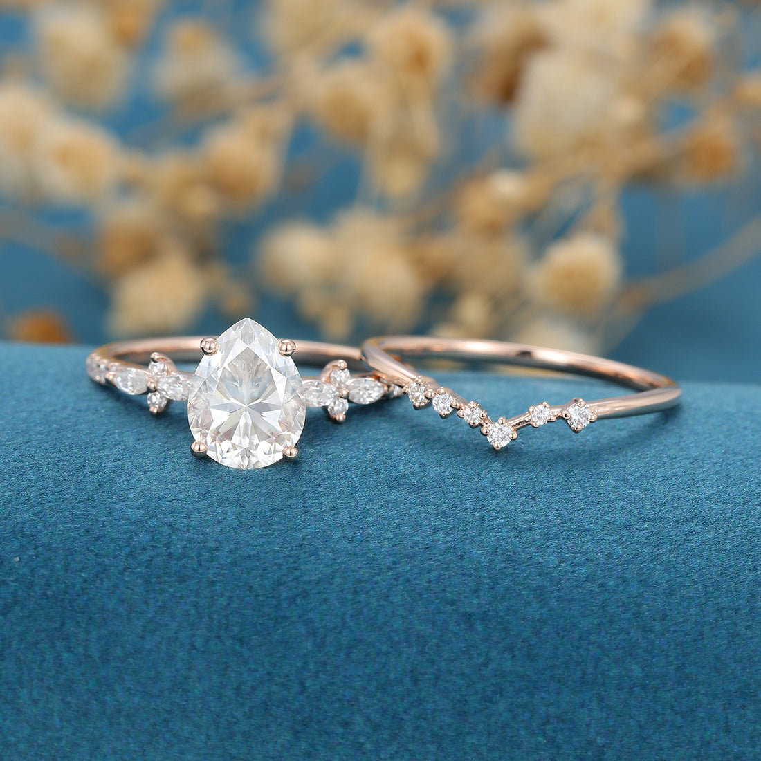 1.5 Carat Pear cut Moissanite Engagement ring Bridal Set