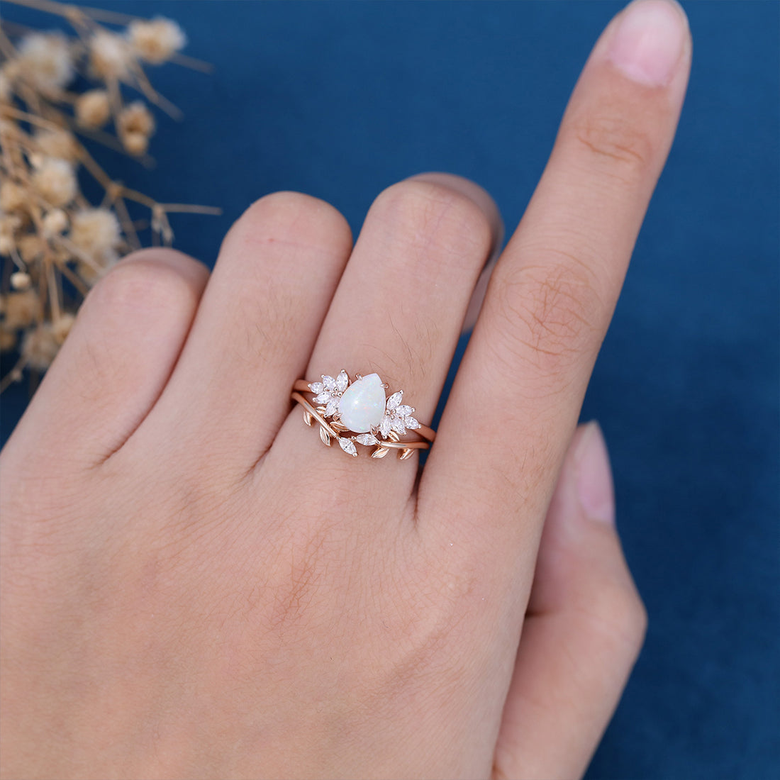 Pear cut Opal Cluster Engagement ring Bridal Set