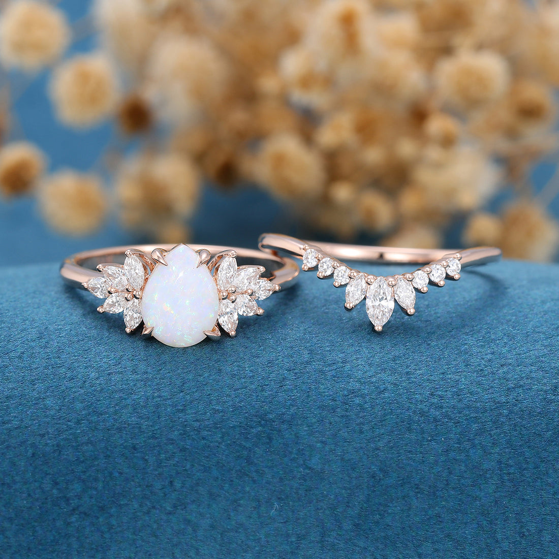 Pear cut Opal Cluster  Engagement ring Bridal Set