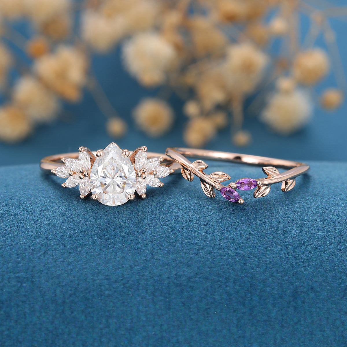 Pear cut Moissanite Cluster Engagement ring Bridal Set