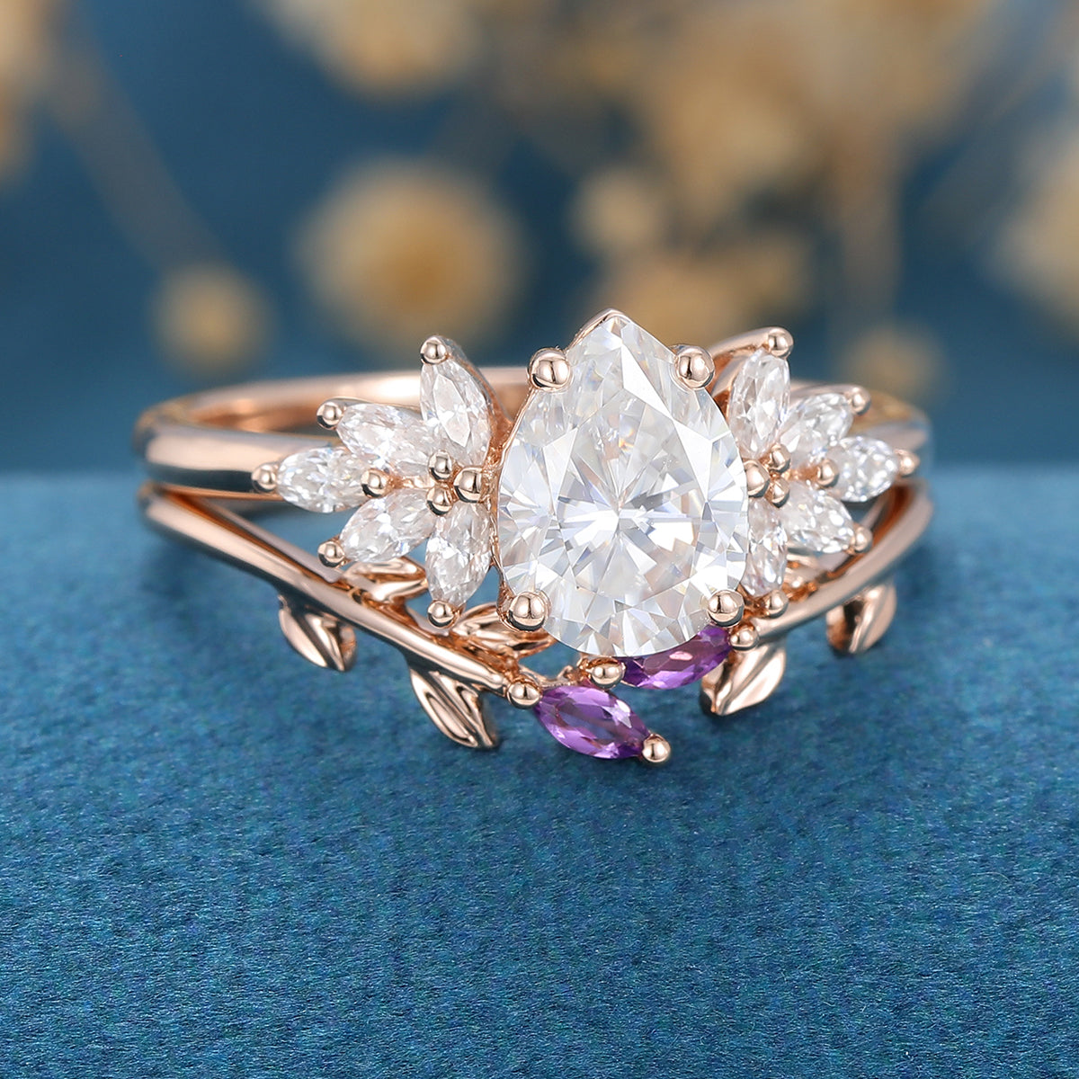 Pear cut Moissanite Cluster Engagement ring Bridal Set