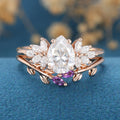 Pear cut Moissanite Cluster Engagement ring Bridal Set