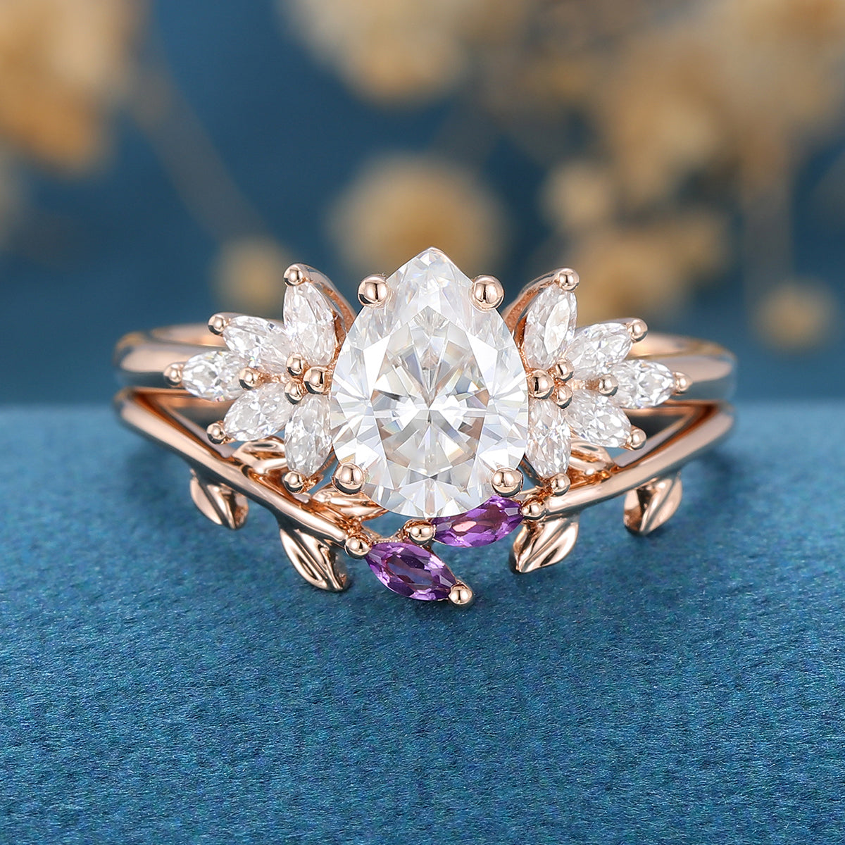 Pear cut Moissanite Cluster Engagement ring Bridal Set