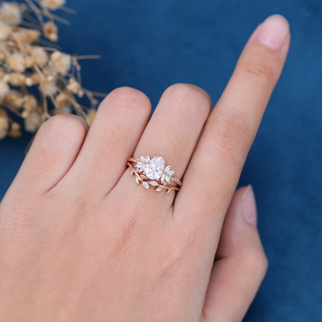 Pear cut Moissanite Cluster Engagement ring Bridal Set