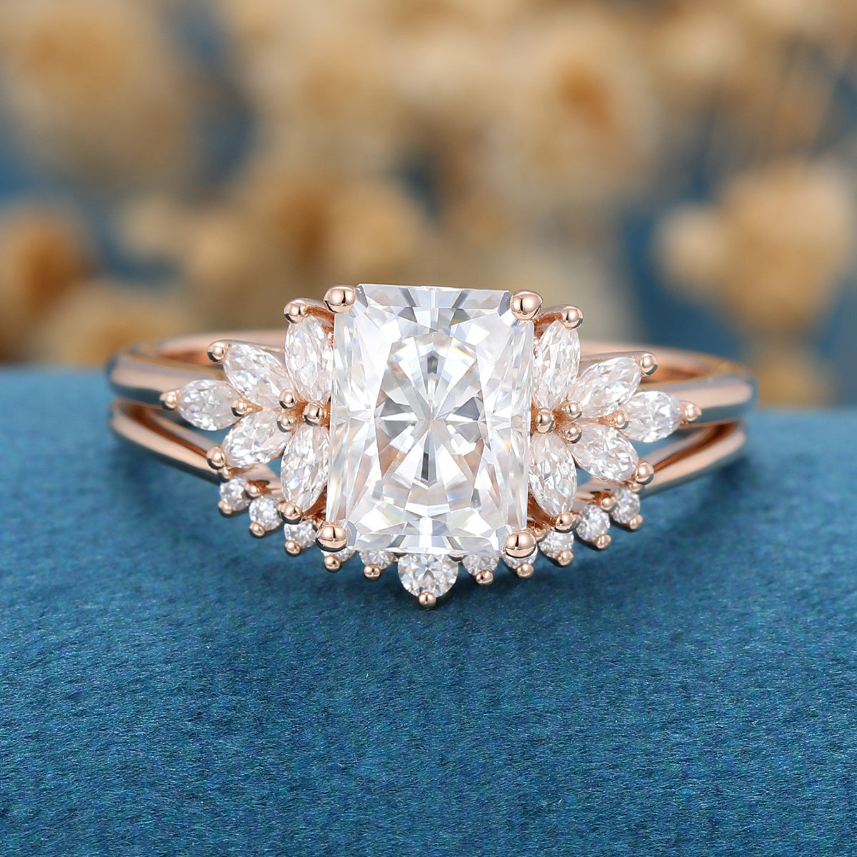Radiant cut Moissanite Cluster Engagement ring Bridal Set
