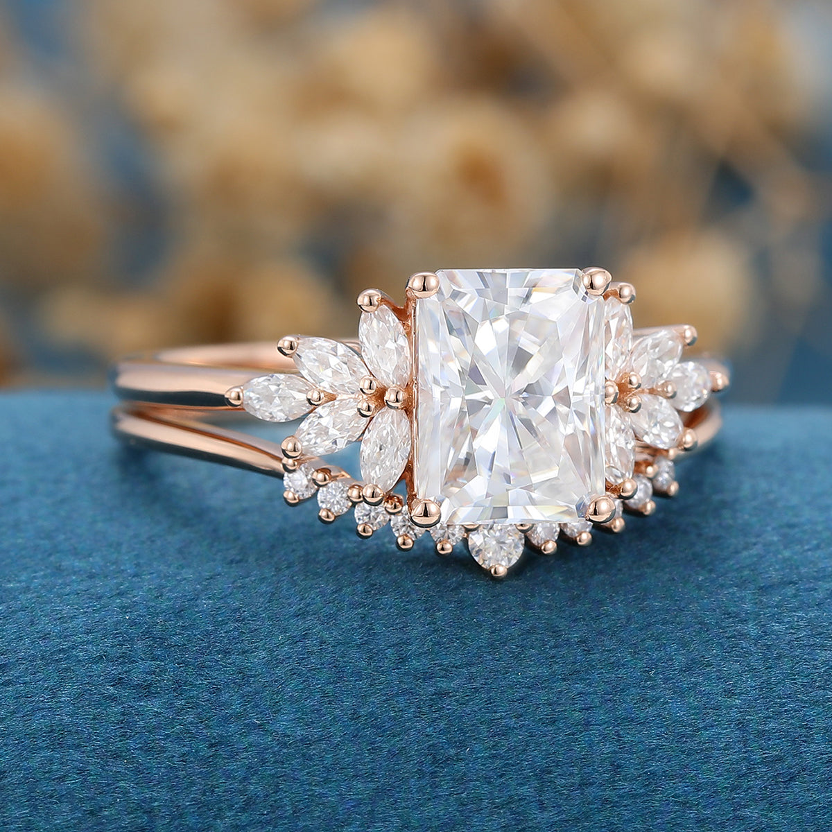 Radiant cut Moissanite Cluster Engagement ring Bridal Set