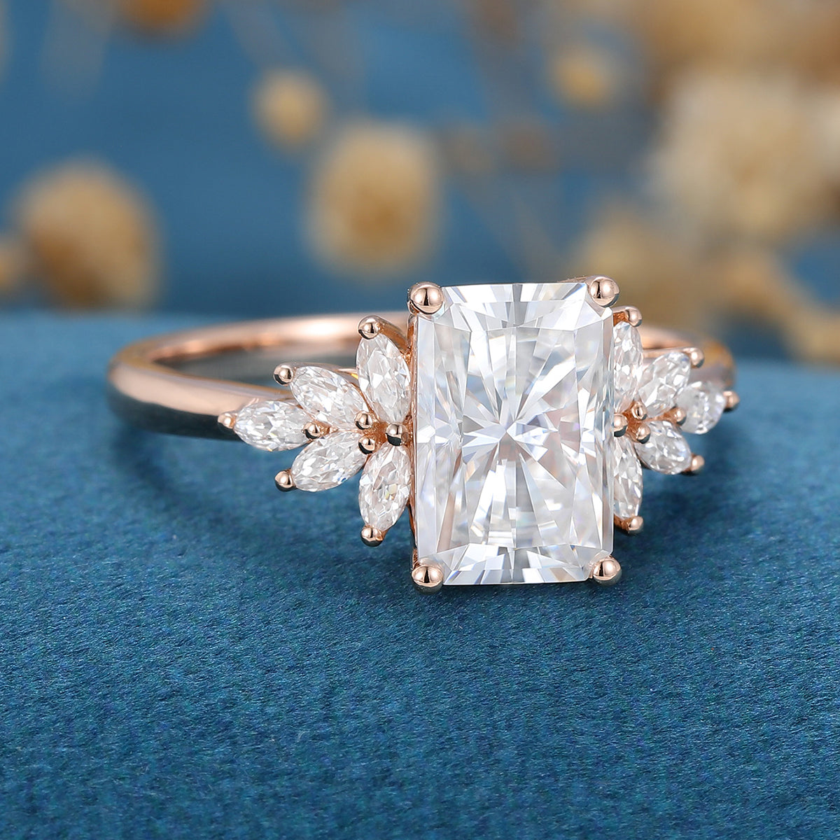 Radiant cut Moissanite Cluster Engagement Ring