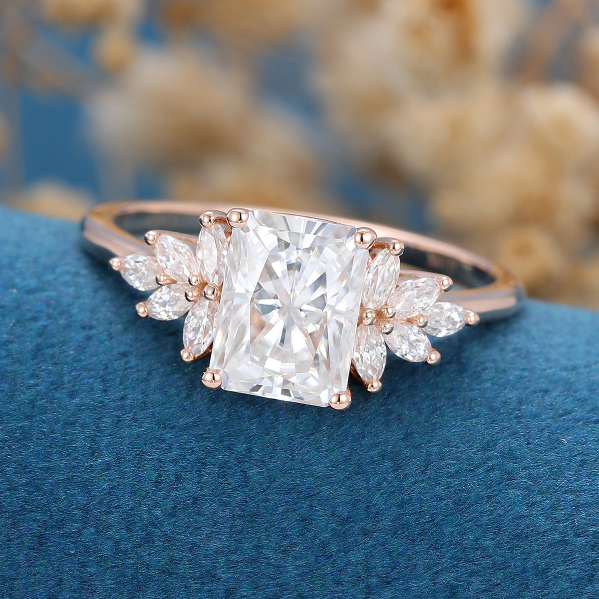 Radiant cut Moissanite Cluster Engagement ring