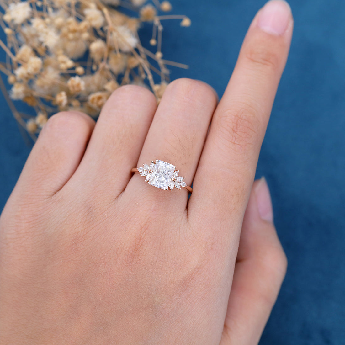 Radiant cut Moissanite Cluster Engagement ring