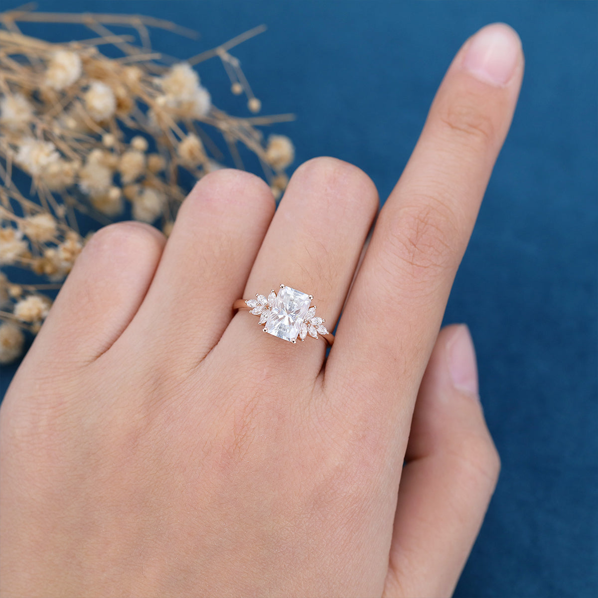 Radiant cut Moissanite Cluster Engagement Ring