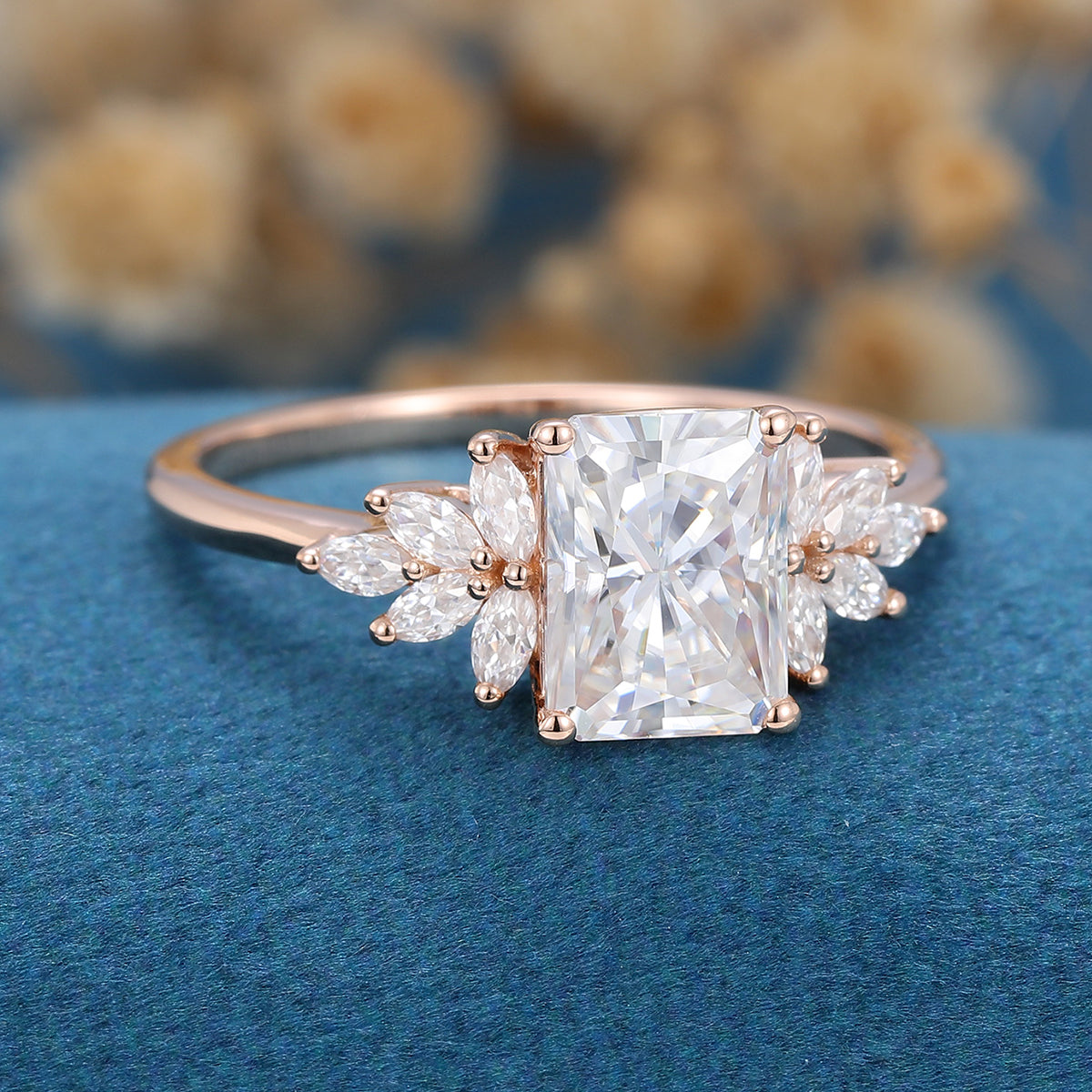 Radiant cut Moissanite Cluster Engagement ring