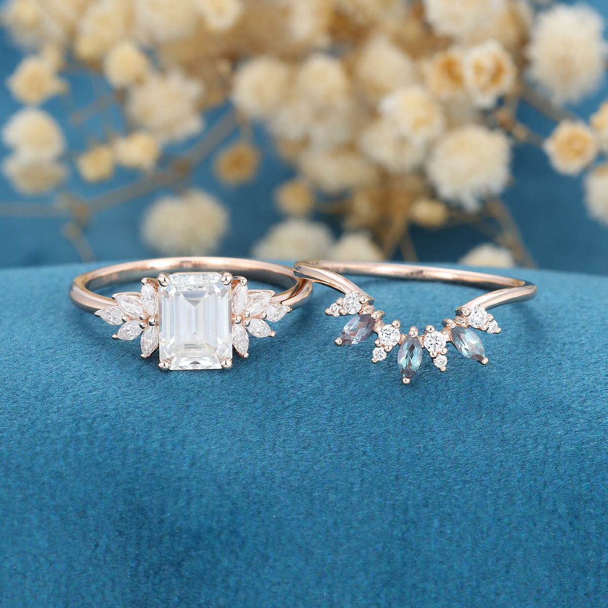 Emerald cut Moissanite Engagement Ring Alexandrite Bridal Set