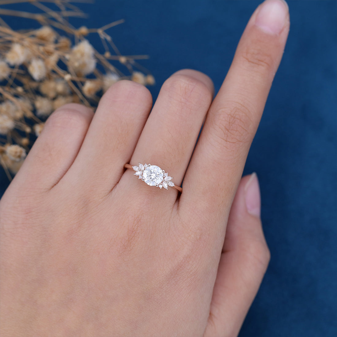 1 Carat Round cut Moissanite Cluster Engagement ring