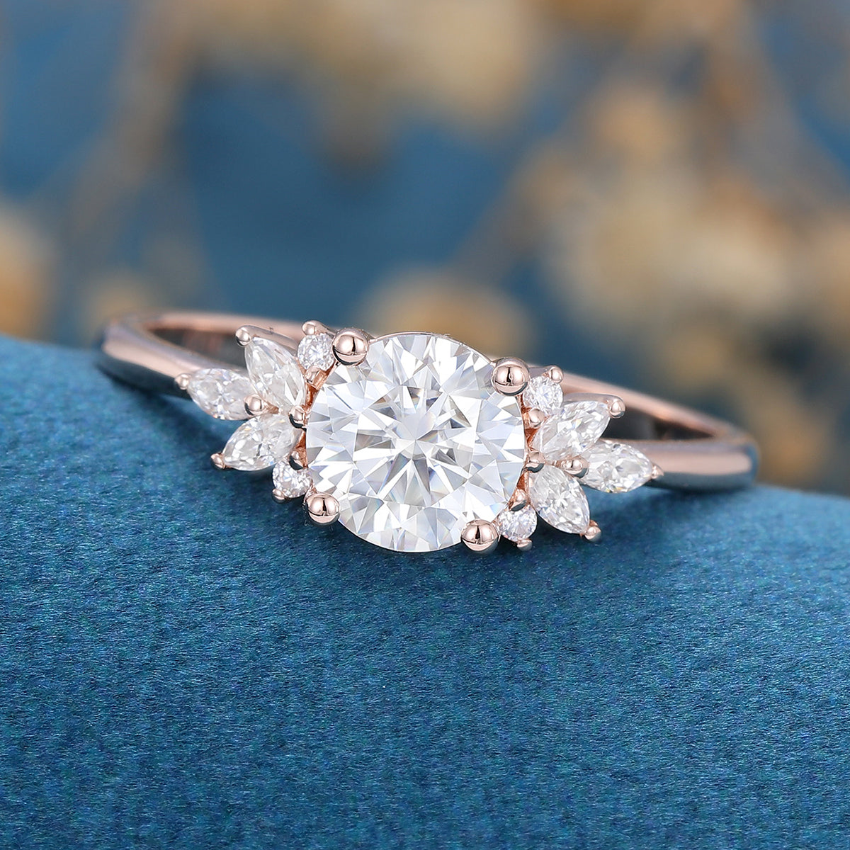 1 Carat Round cut Moissanite Cluster Engagement ring