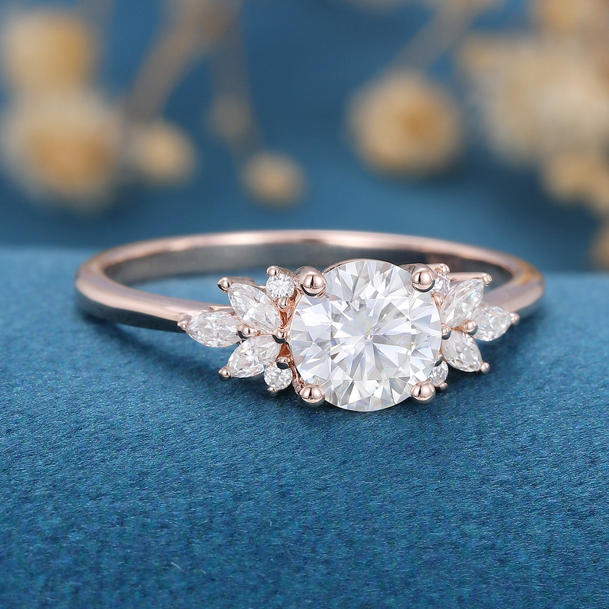 1 Carat Round cut Moissanite Cluster Engagement ring
