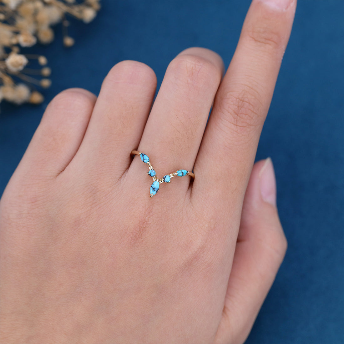 Marquise cut Turquoise Curved Wedding Band Ring