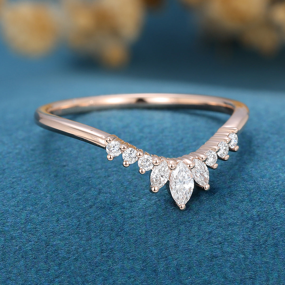 Marquise cut Moissanite | Diamond Curved Wedding Band Ring