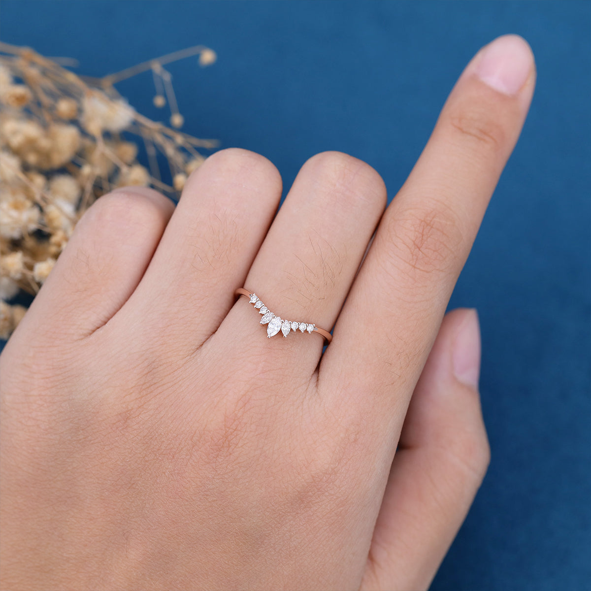 Marquise cut Moissanite | Diamond Curved Wedding Band Ring