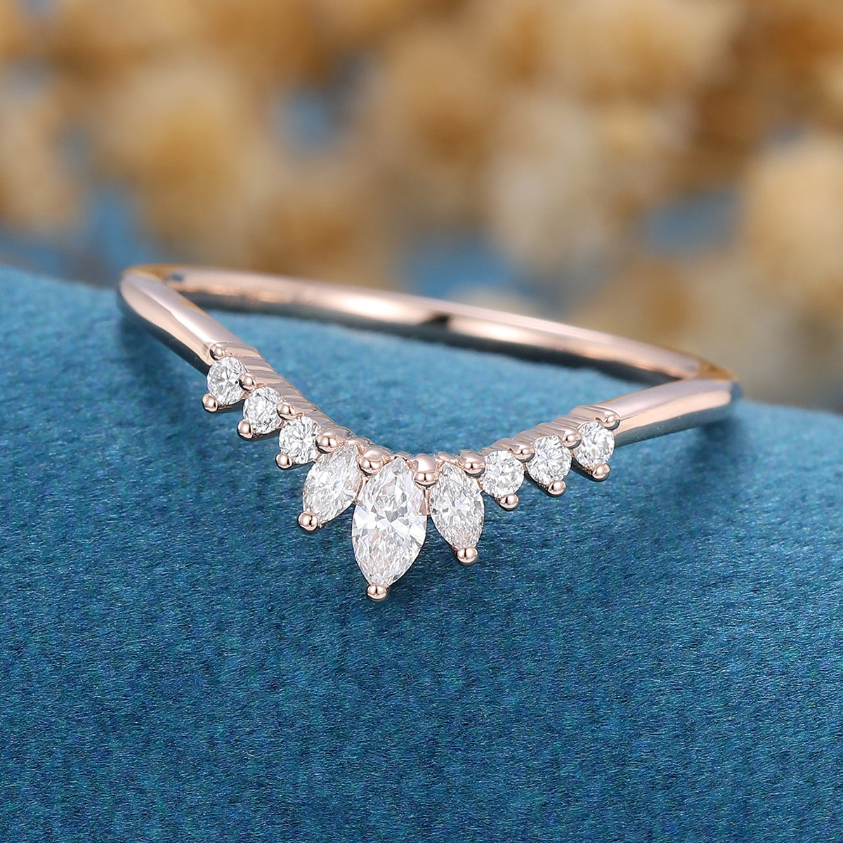 Marquise cut Moissanite | Diamond Curved Wedding Band Ring