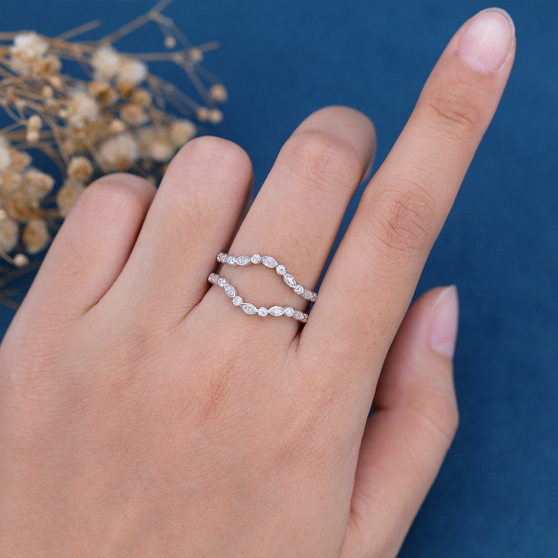 Double Marquise cut Moissanite | Diamond Curved Wedding Band Ring