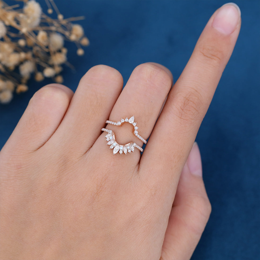 Double Marquise  Moissanite | Diamond Curved Wedding Band Ring