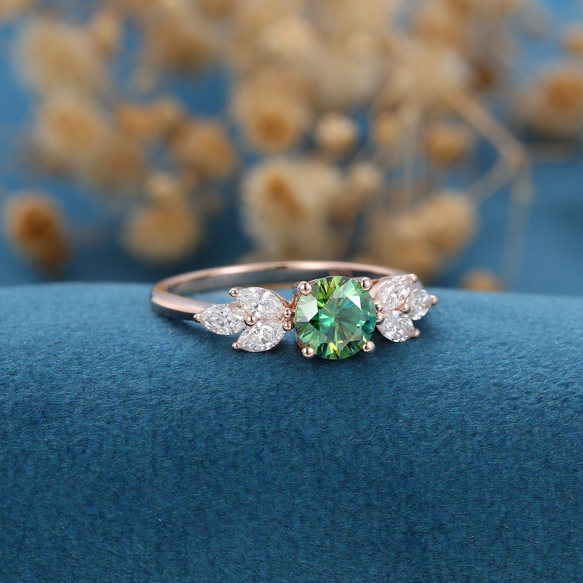 6mm Round Green Moissanite Cluster Engagement ring