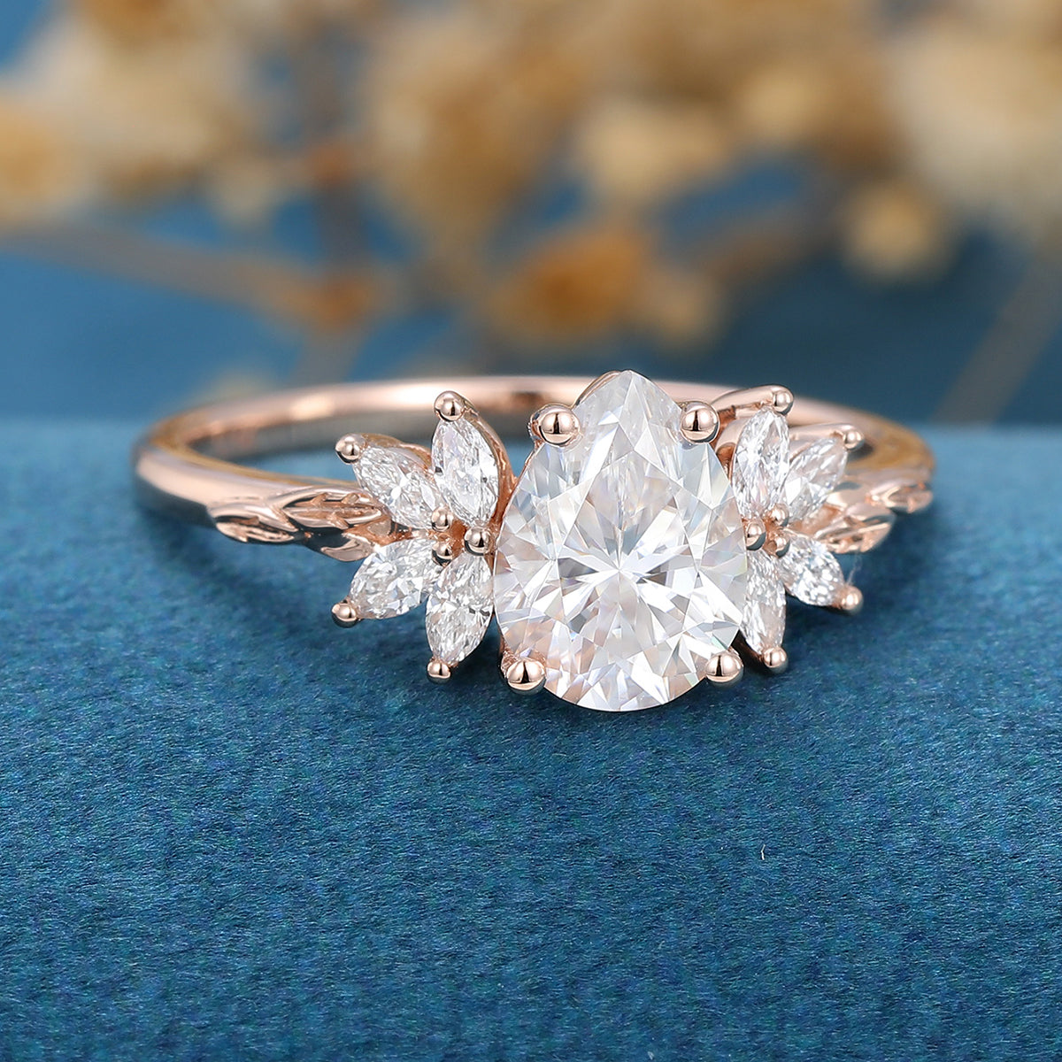 Pear cut Moissanite Cluster Engagement ring