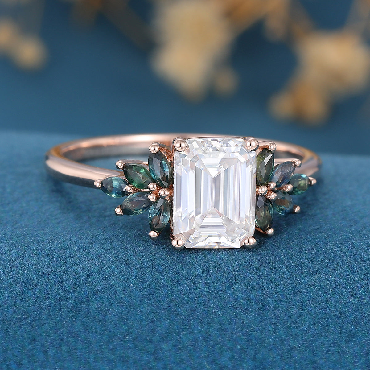 Emerald Cut  Moissanite Cluster Engagement ring